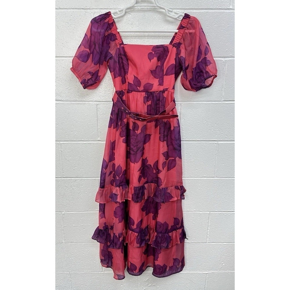 Anthropologie Hutch Puff Sleeve Ruffled Midi Belted Dress Pink Purple Floral SP